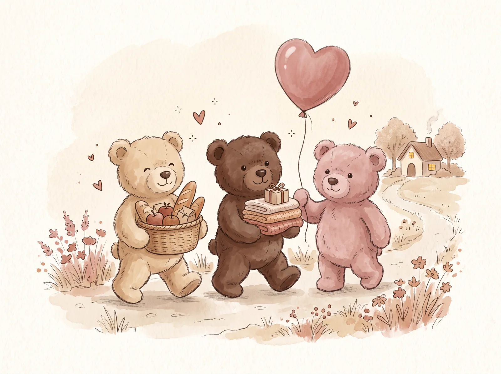 Arlo, Bodhi and Lulu walking together with a basket of food, a stack of blankets and a heart balloon